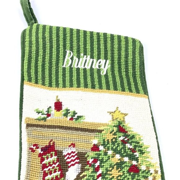 The Company Store Needlepoint Christmas Stocking Tree Presents Monogram BRITTNEY - Picture 2 of 11